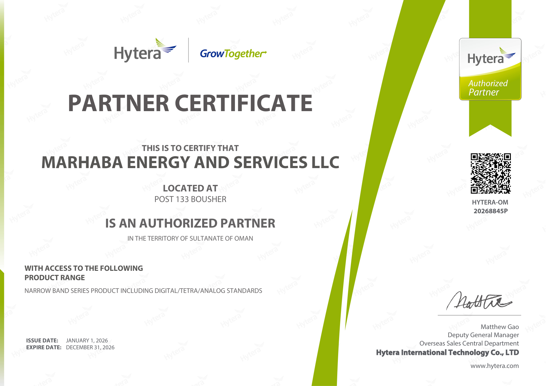 Hytera Partner Certificate issued to Marhaba Energy and Services LLC